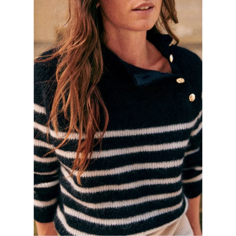 SEZANE Navy Blue & White Striped Alpaca Wool Sweater Fuzzy Preppy Trudy Jumper - Picture 7 of 16